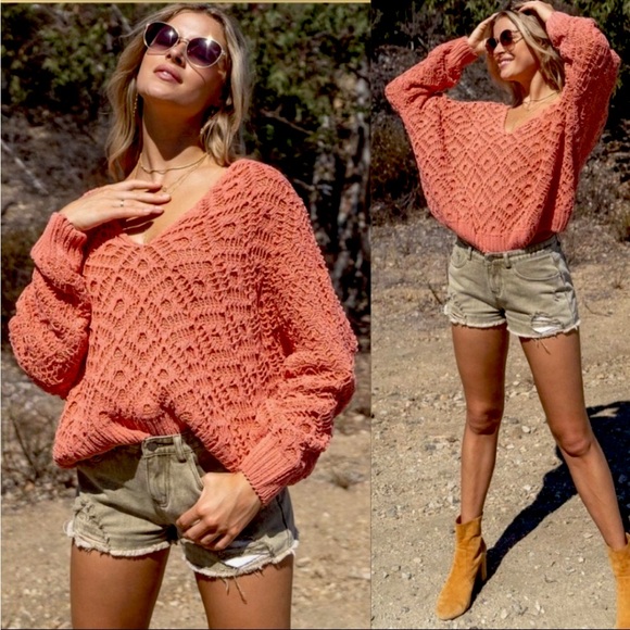 POL Vibrant Coral Off-Shoulder Sweater with Elegant Dolman Sleeves - Picture 4 of 5